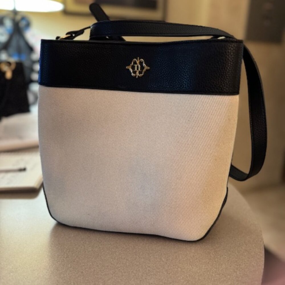 Nanette Lepore black leather and beige canvas shoulder handbag (#102)